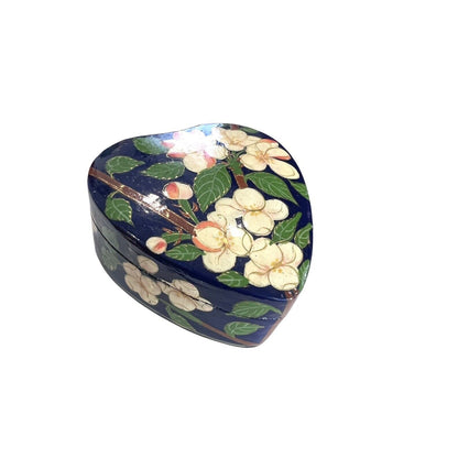 Vintage Cream Blue Floral Heart Hand Painted Paper Mache Trinket Box 3”-India