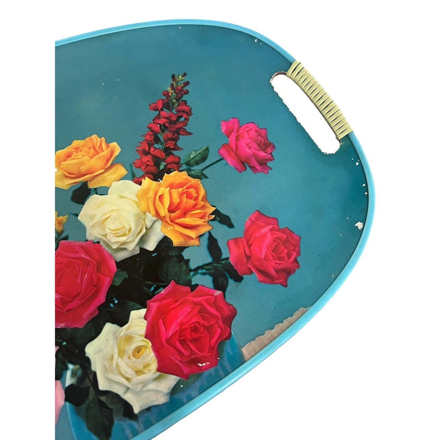 Vintage Serving Tray MCM Floral Roses Wrapped Handles Bouquet Bright Japan