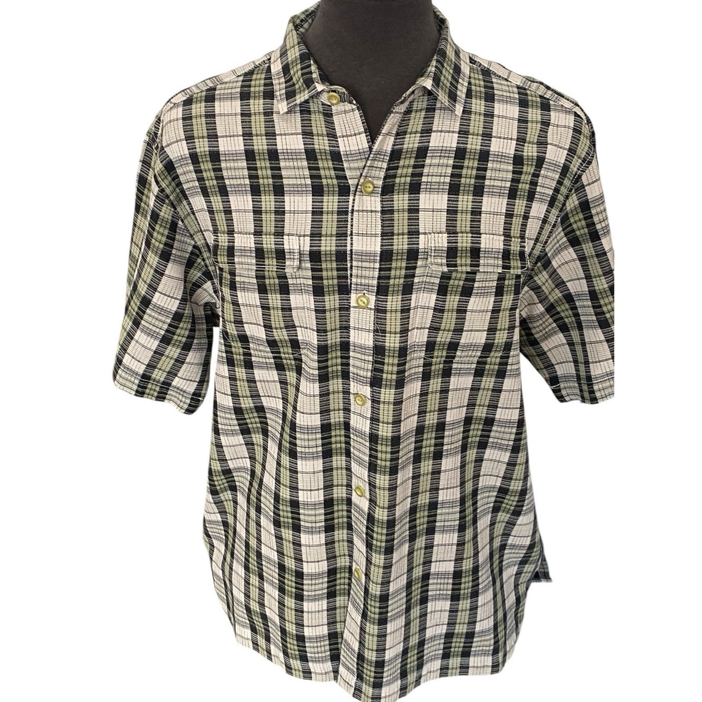Large Tommy Bahama Button Up Shirt Mens Silk Short Sleeve Plaid Green Black Gray