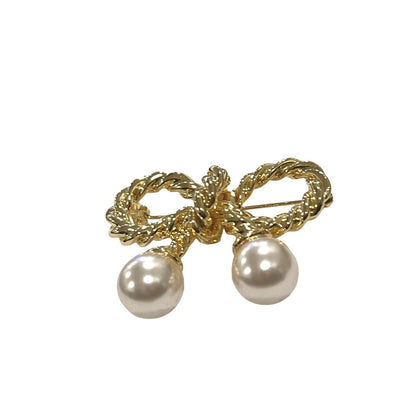 Vintage Gold Tone Faux Pearl Braided Bow Pin Brooch Rope