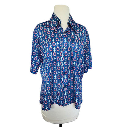 MARLBORO CLASSICS Womens Nautical Shirt Large Rare Vintage Button Down Polyester