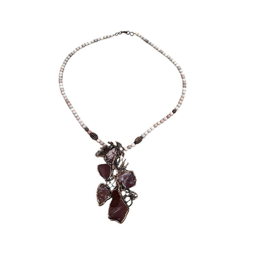 Artsy One Of A Kind Agate Geode Amber Bead Necklace Handmade Copper 24”