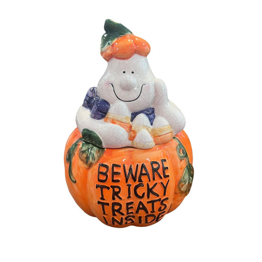 Ceramic Halloween Friendly Ghost Pumpkin Cookie Candy Jar Jack-o-lantern Pumpkin