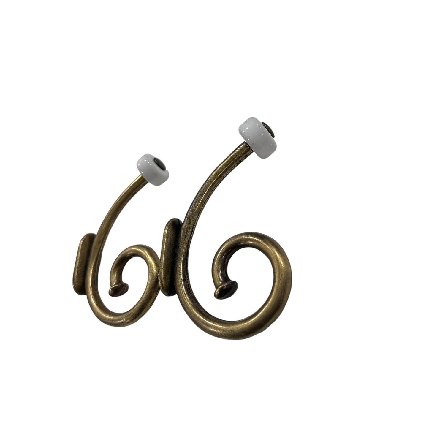 Vintage Brass Hook Rack White Ceramic Knob Coat Hat Towel 5” Scroll Dark Patina