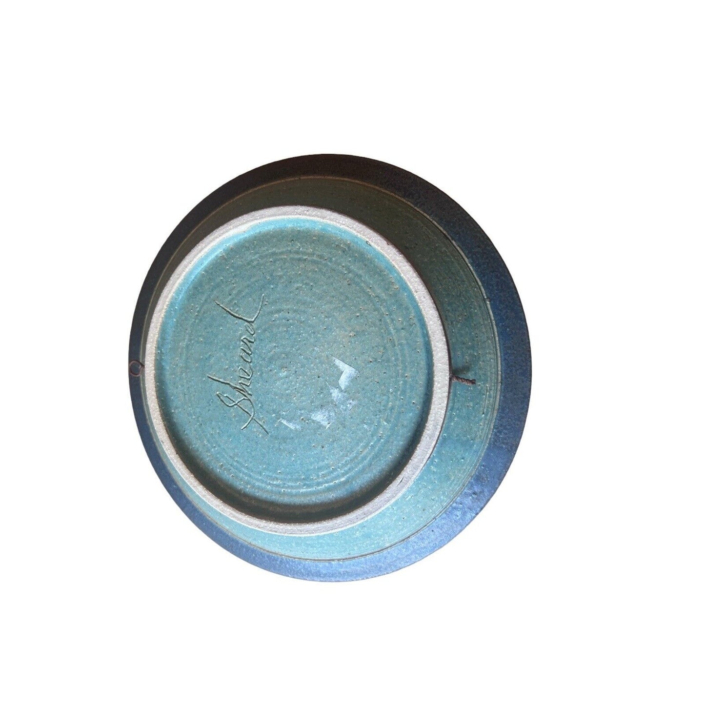 Signed Linda Sheard Pottery Blue Teal Plate Geometric Earth Glaze Handmade