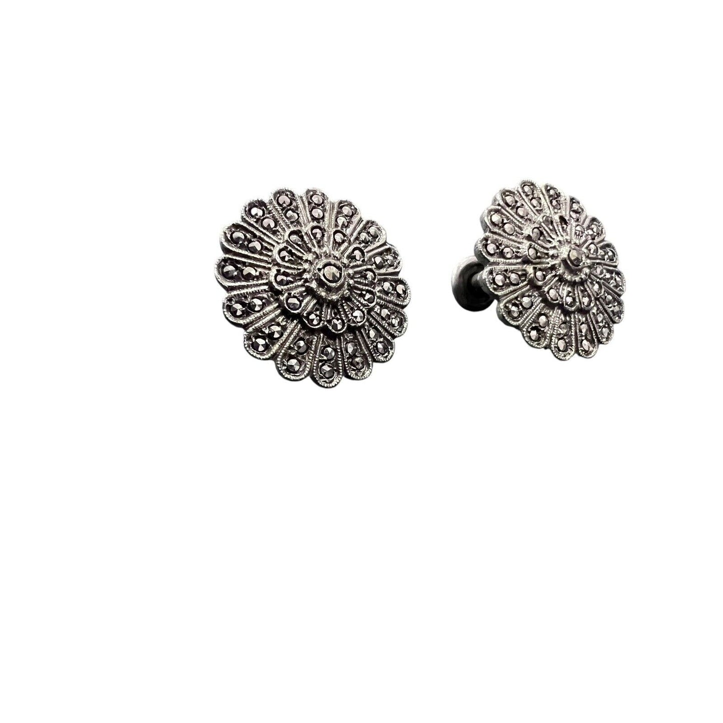 Sterling Silver Round Marcasite Flower Clip On Earrings 3/4”