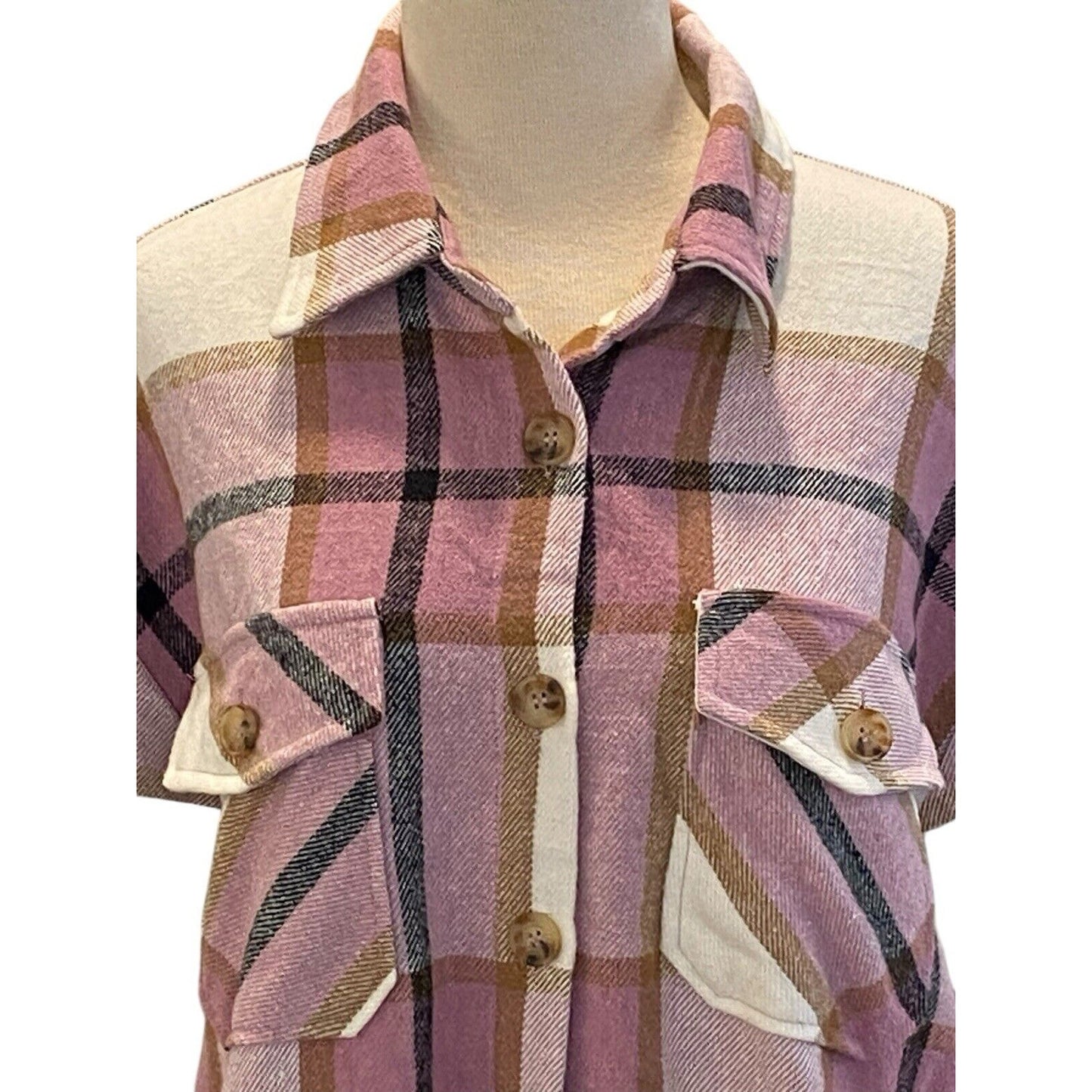 Size Large Jodifl Plaid Flannel Shacket Pink Brown Button Up Shirt Gorpcore