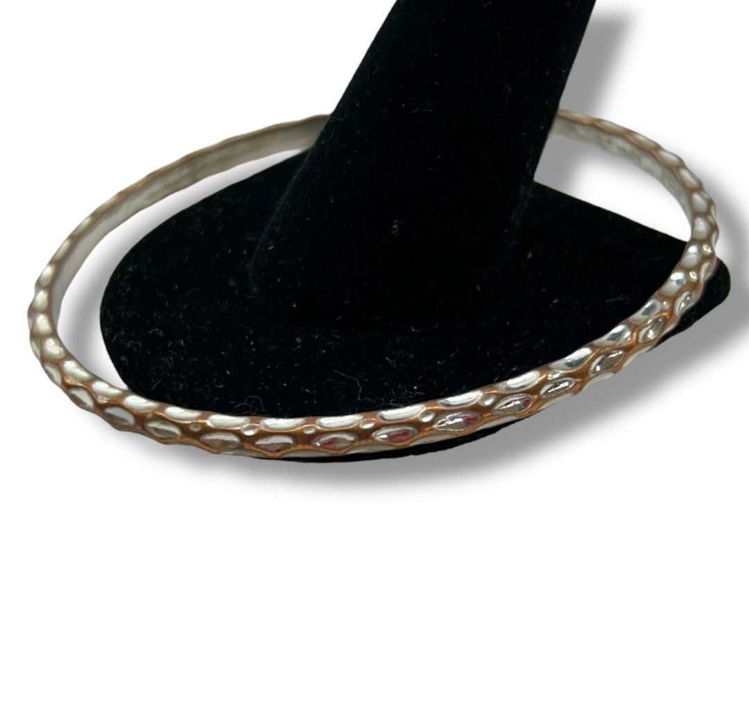 Textured Silvertone and Copper Color Bangle Bracelet 2.6 Inch Inside Diameter