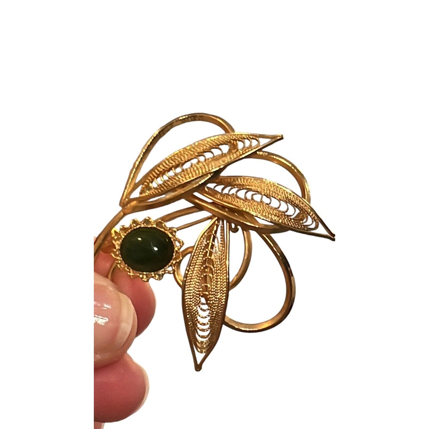 Vintage Nephrite Jade Cabochons Brooch Pin Gold Tone Filigree Leaves Beautiful