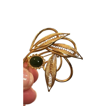 Vintage Nephrite Jade Cabochons Brooch Pin Gold Tone Filigree Leaves Beautiful