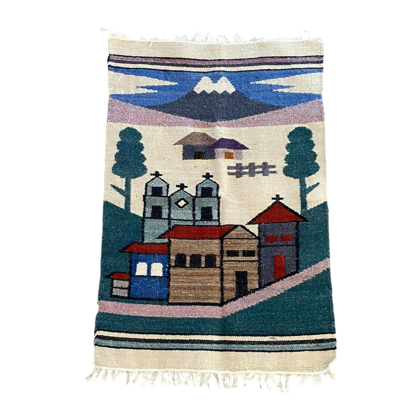 Vintage Hand Woven Tapestry Mountain Church Landscape Wall Hanging FolkArt 35x23