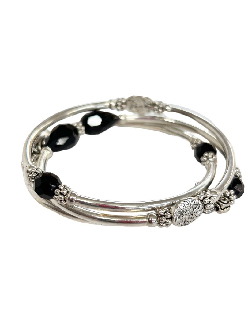 Silvertone and Black Beaded Wrap Style Metal Bracelet Bangle Adjustable