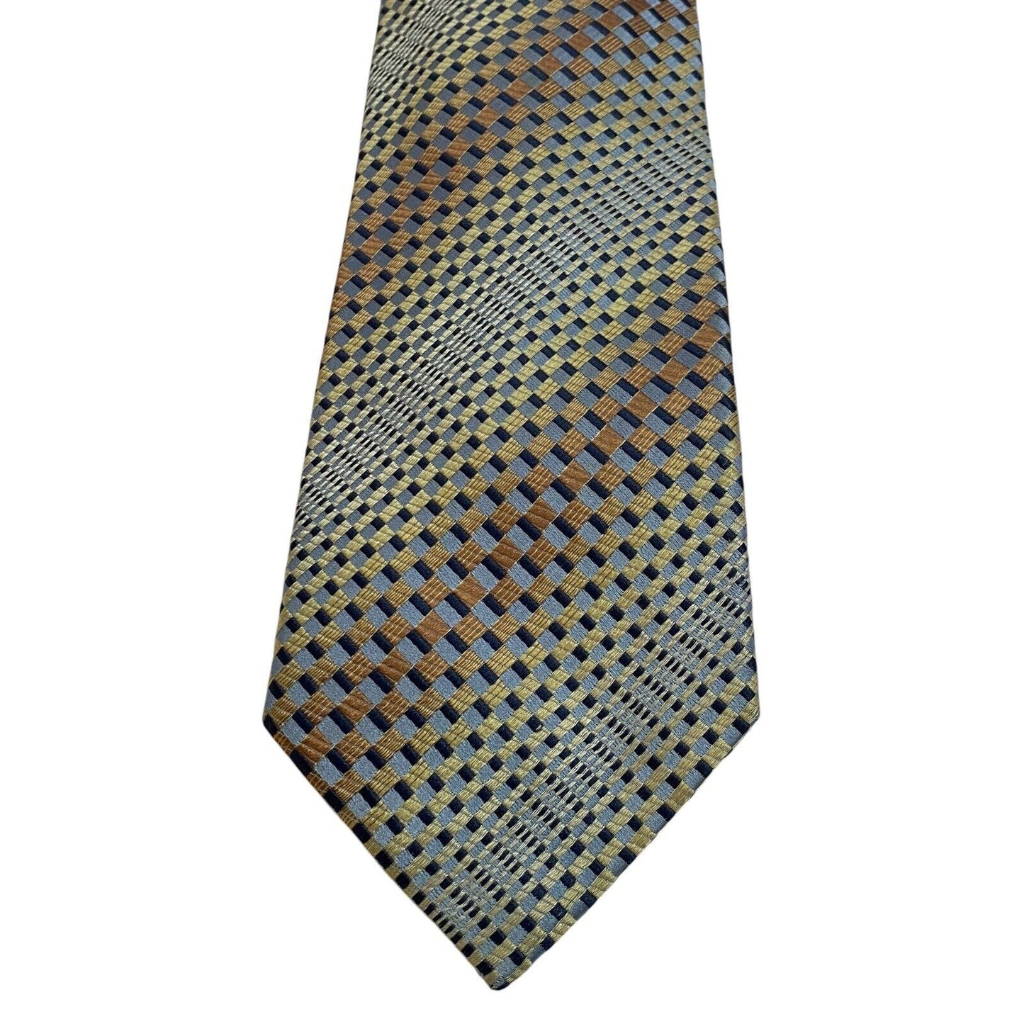 Roberto Villini Geometric Silk Designer Tie Gold Blue Brown EUC