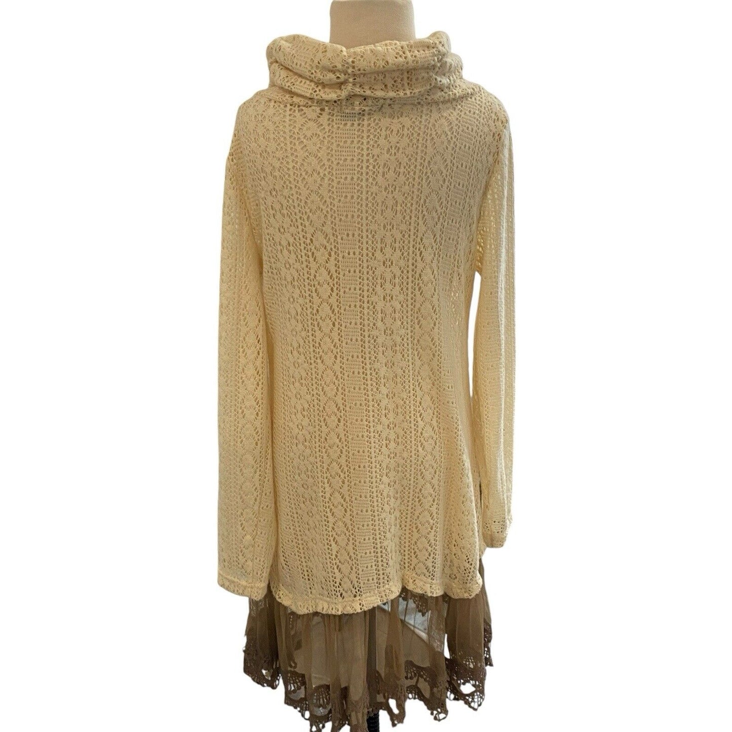 Size L Ryu Cream Cowl Neck Sweater Lace Trim Lagenlook Boho Womens Long Tunic