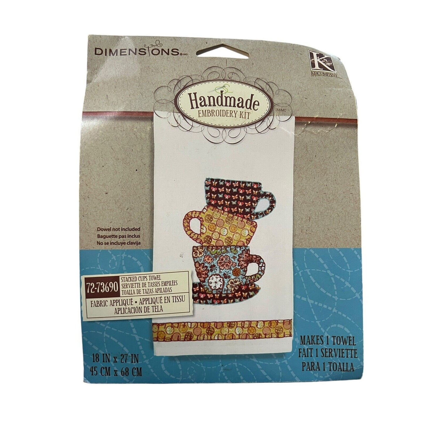 DIMENSIONS Fabric Applique Embroidery Kit Stacked Tea Cups Towel 18X27 72-73690