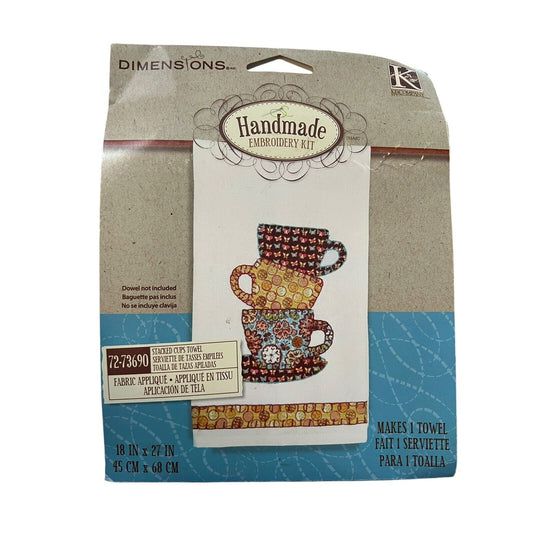 DIMENSIONS Fabric Applique Embroidery Kit Stacked Tea Cups Towel 18X27 72-73690