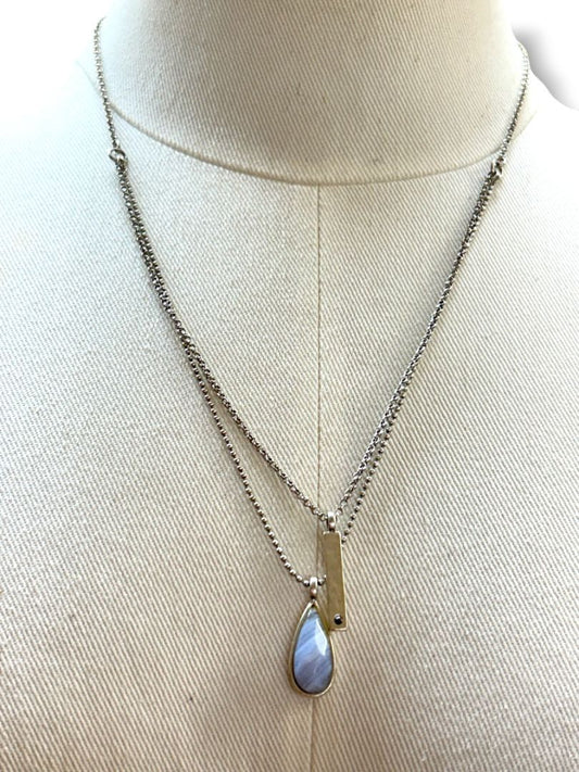 Lucky Brand Silvertone Drop 2 Tier Necklace Blue Pendant Bar 20-22"