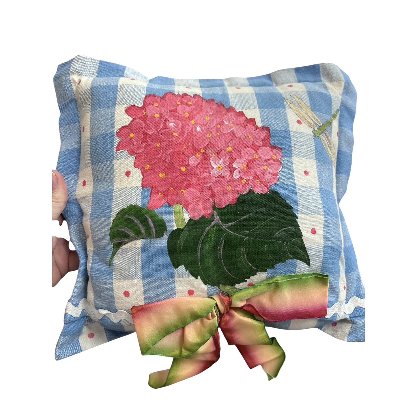 Hydrangea Blue Check 11" x 11" Handpainted Pillow Preppy Spring Floral Southern
