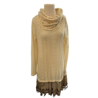 Size L Ryu Cream Cowl Neck Sweater Lace Trim Lagenlook Boho Womens Long Tunic