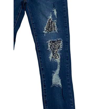 Size 9/29 Judy Blue Jeans Womens Medium Wash Distressed Patch Snake Skinny Fit