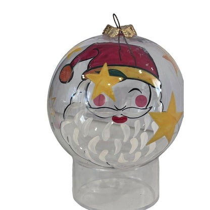 Handpainted Santa Claus Stars Ornament Christmas Holiday Clear Glass Ball Signed