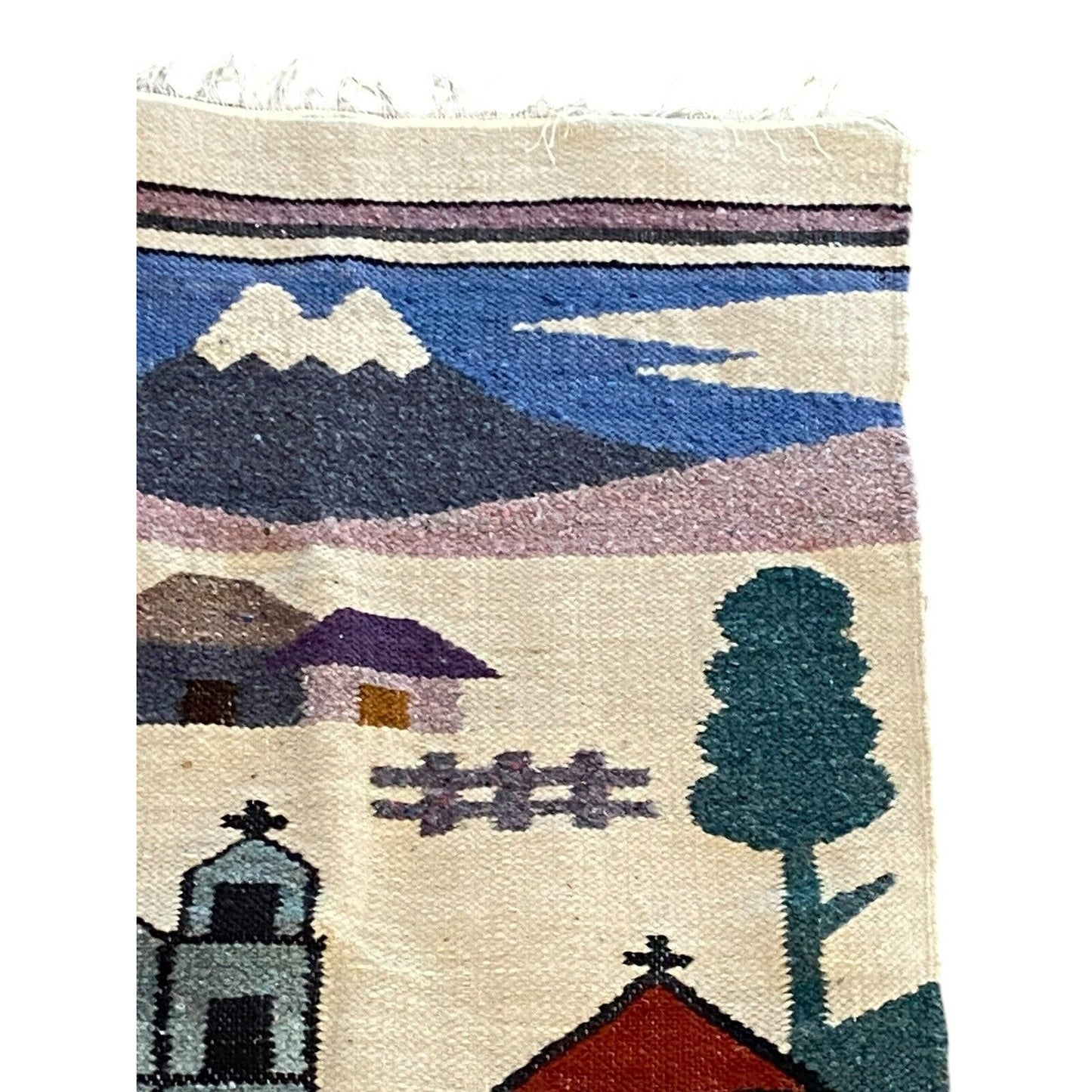 Vintage Hand Woven Tapestry Mountain Church Landscape Wall Hanging FolkArt 35x23