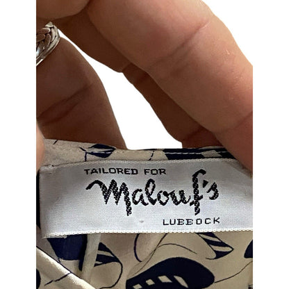 Size 12 Womens 100% Silk Blue Hat Print Fun Pullover Blouse Travel Wear Malouf’s