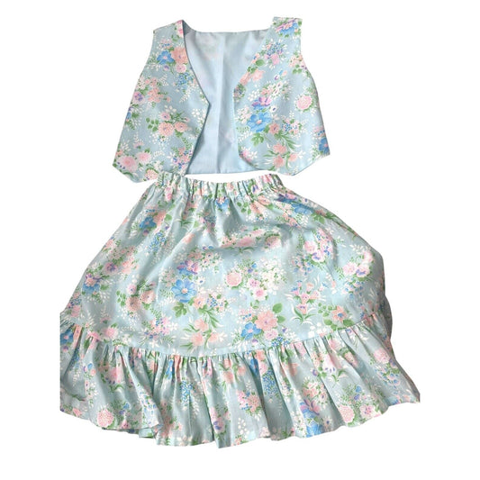 Vtg 60s 70s Skirt Vest Set Girls Floral Pull On Cottagecore Pastel Handmade