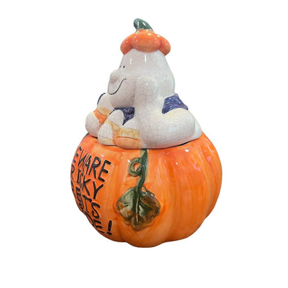 Ceramic Halloween Friendly Ghost Pumpkin Cookie Candy Jar Jack-o-lantern Pumpkin