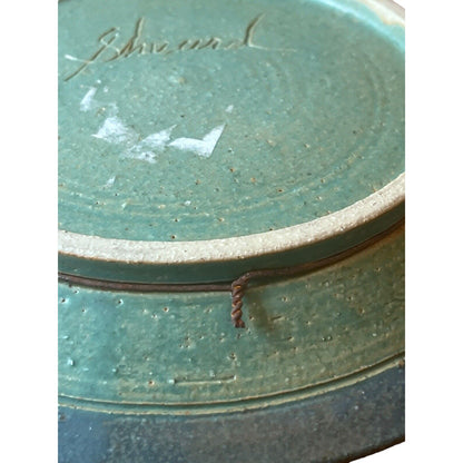 Signed Linda Sheard Pottery Blue Teal Plate Geometric Earth Glaze Handmade