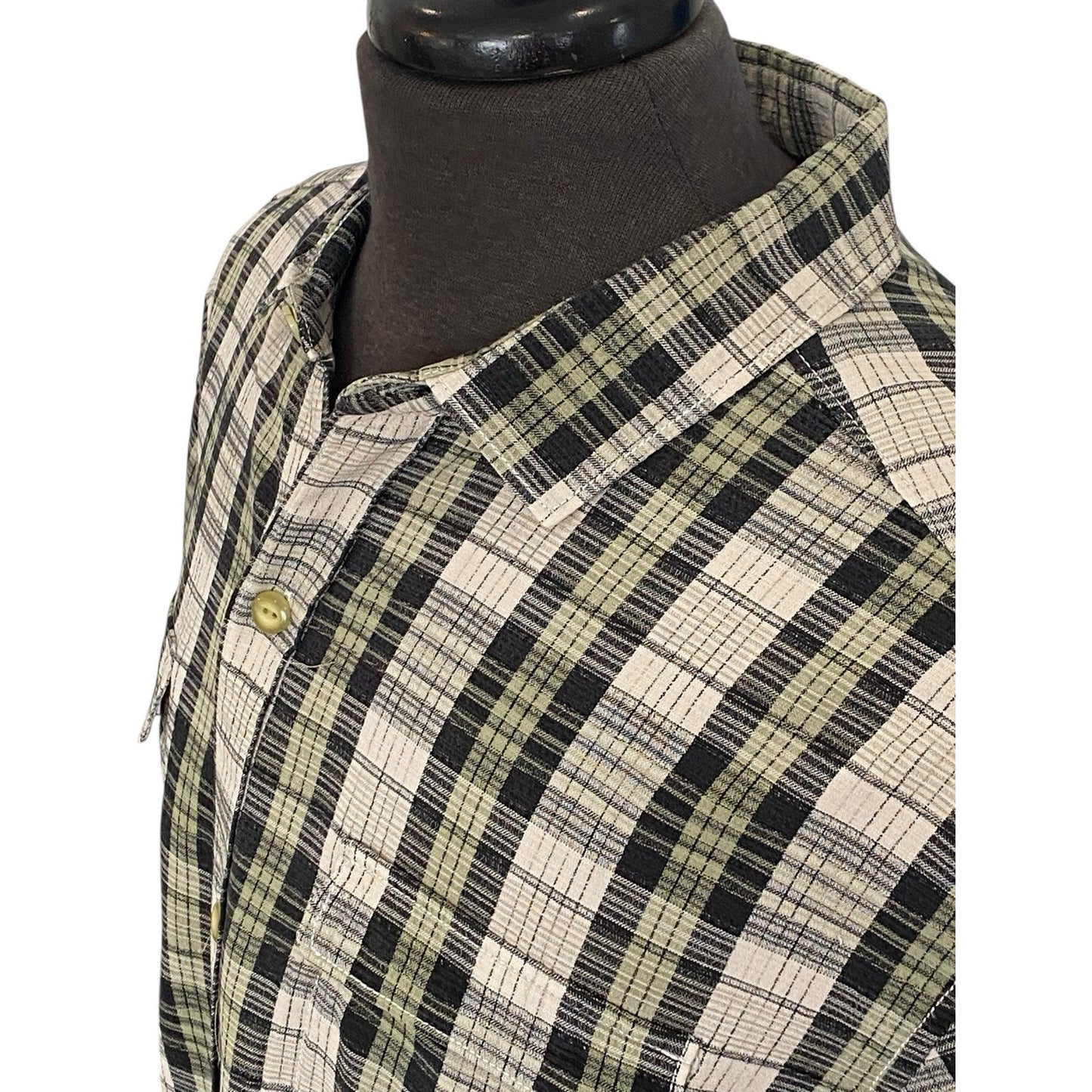 Large Tommy Bahama Button Up Shirt Mens Silk Short Sleeve Plaid Green Black Gray