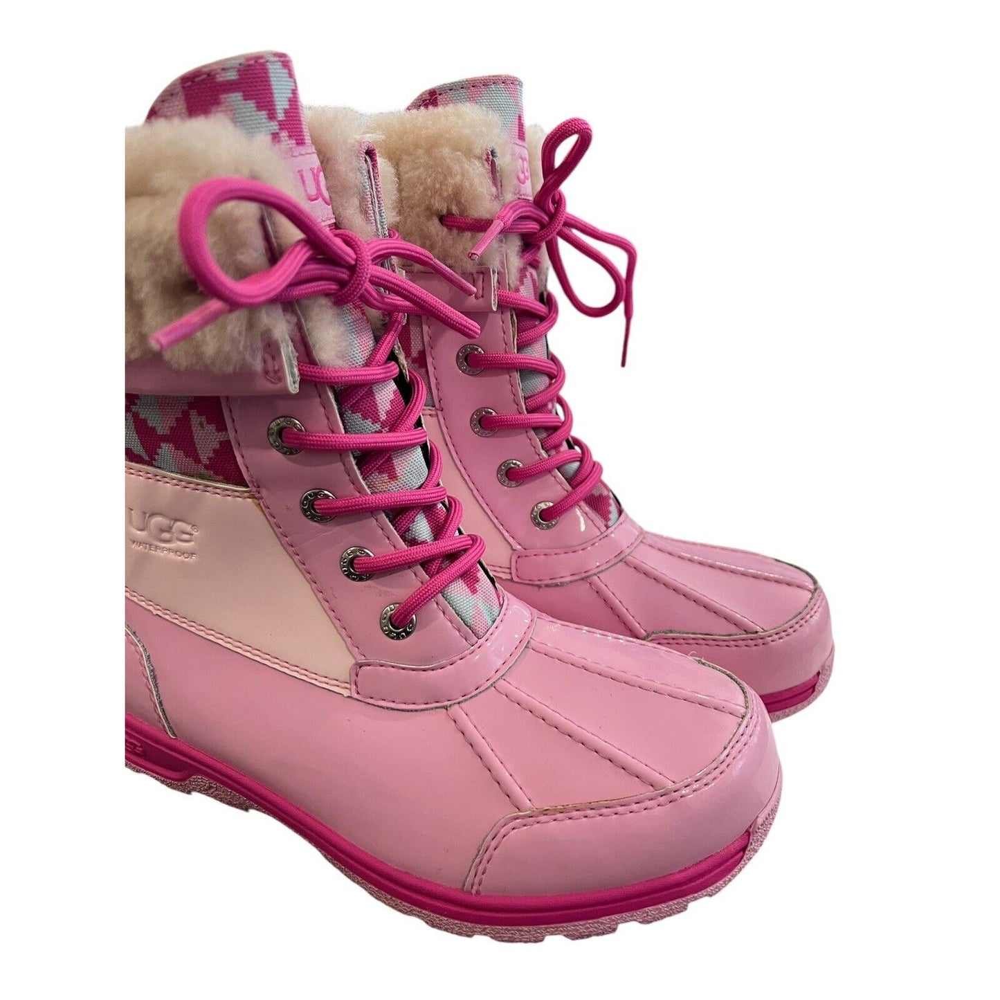 Size 5 Ugg Butte Mono Womens Lace Up Fur Lined Mid Calf Boot Pink EUC