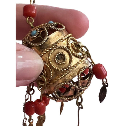 Red Coral Handmade Pendant Necklace Brass Tone Tibetan Style Jewelry Turquoise