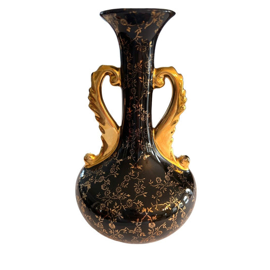 Painted Flowers Double Handled Black Vase With Gold