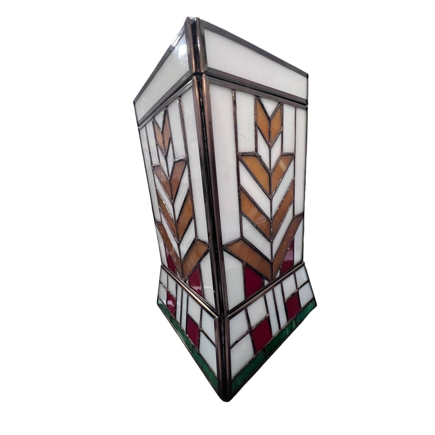 Tiffany-Style stained glass hurricane shade Brown Red White green arrow design