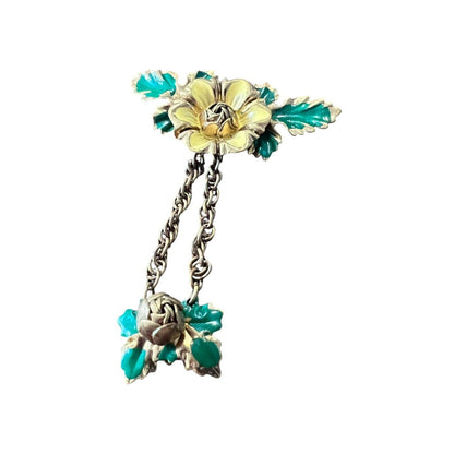 Gold Tone Yellow Flower Rosette Accent Dangle Brooch Pin Enamel