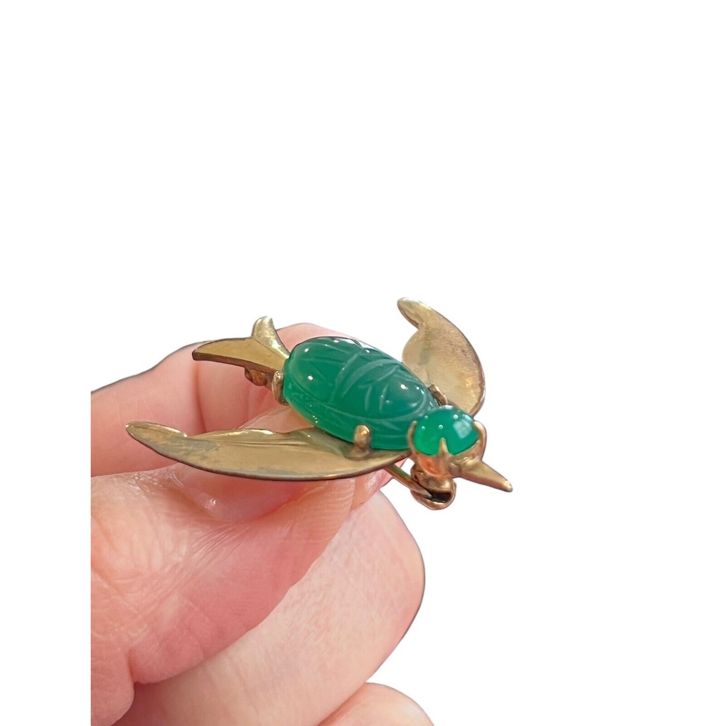 Vintage Wire 1/20 12K GF Jade Cabochon Filigree Bird Brooch Gold Tone