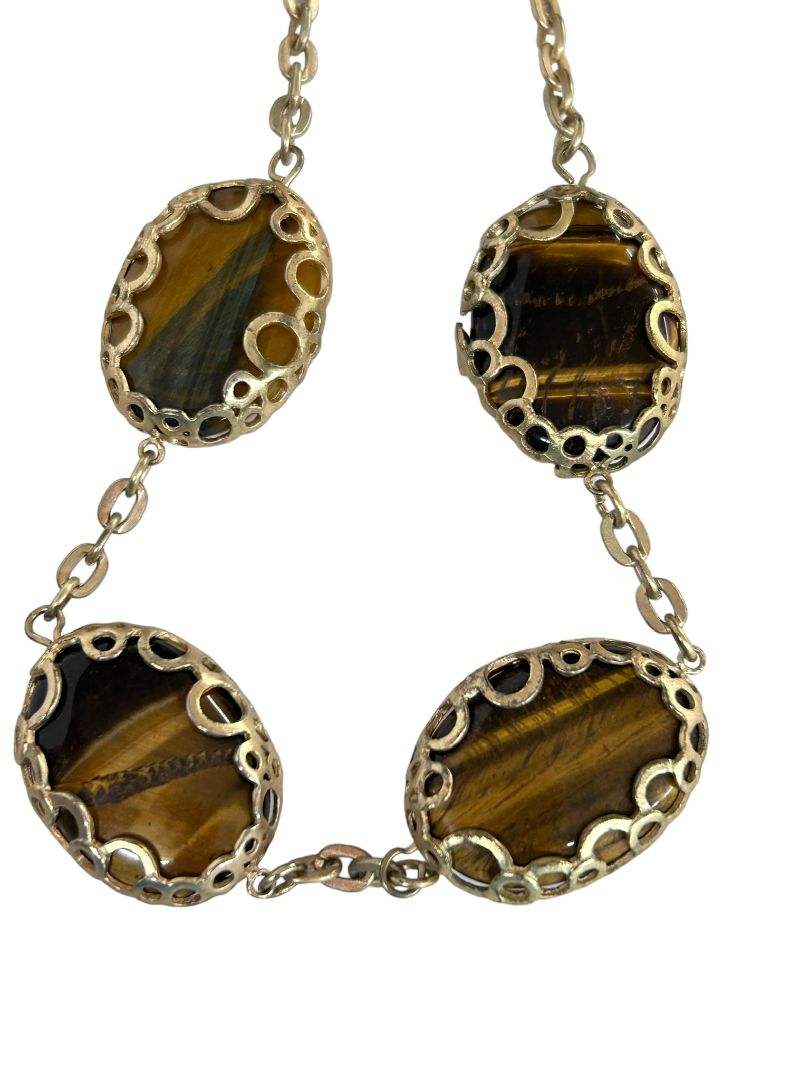 Tiger's Eye Cabochon Link Necklace Banana Republic Gold Tone Tiger Eye 19.5"-23"