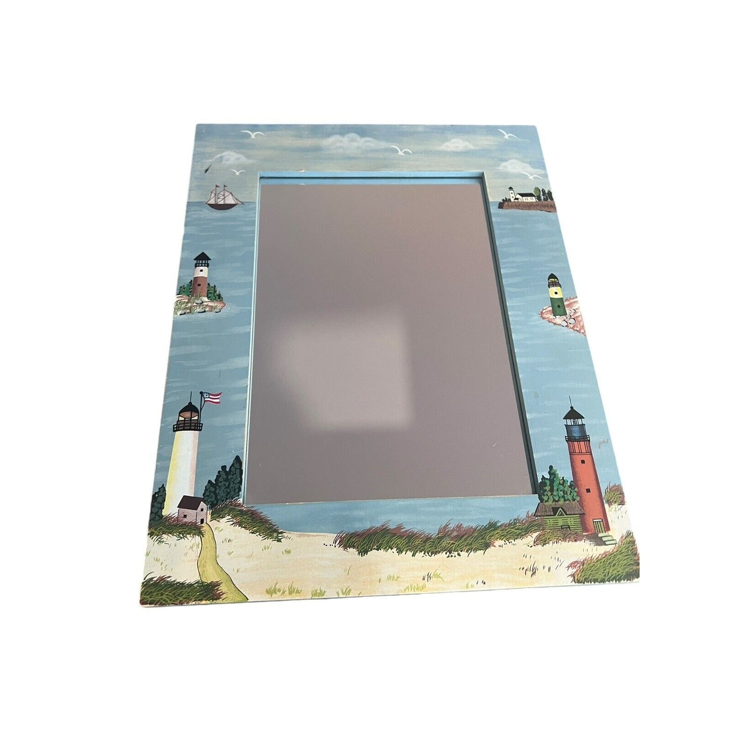 Hand Painted Wall Mirror Light House Wood Blue Handpainted Vintage 14” X 11”