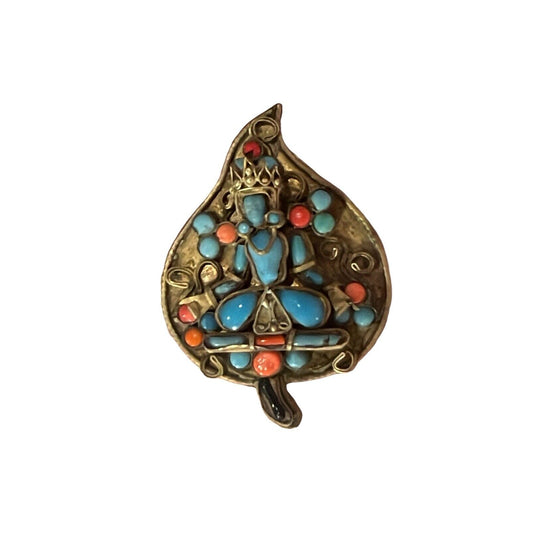 Vintage Large Brass Pin Hindu Buddhist Goddess Turquoise Coral Handmade Signed