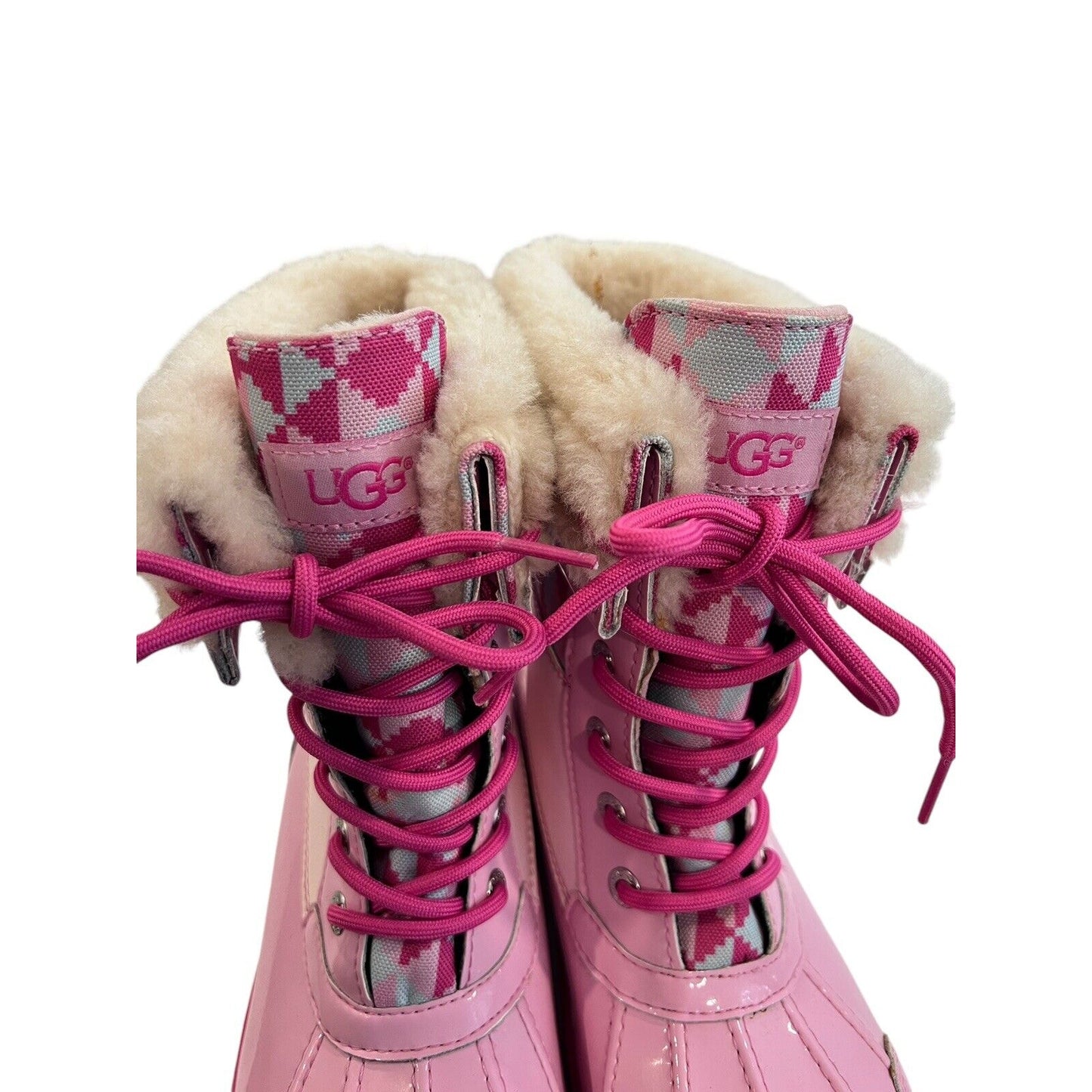 Size 5 Ugg Butte Mono Womens Lace Up Fur Lined Mid Calf Boot Pink EUC