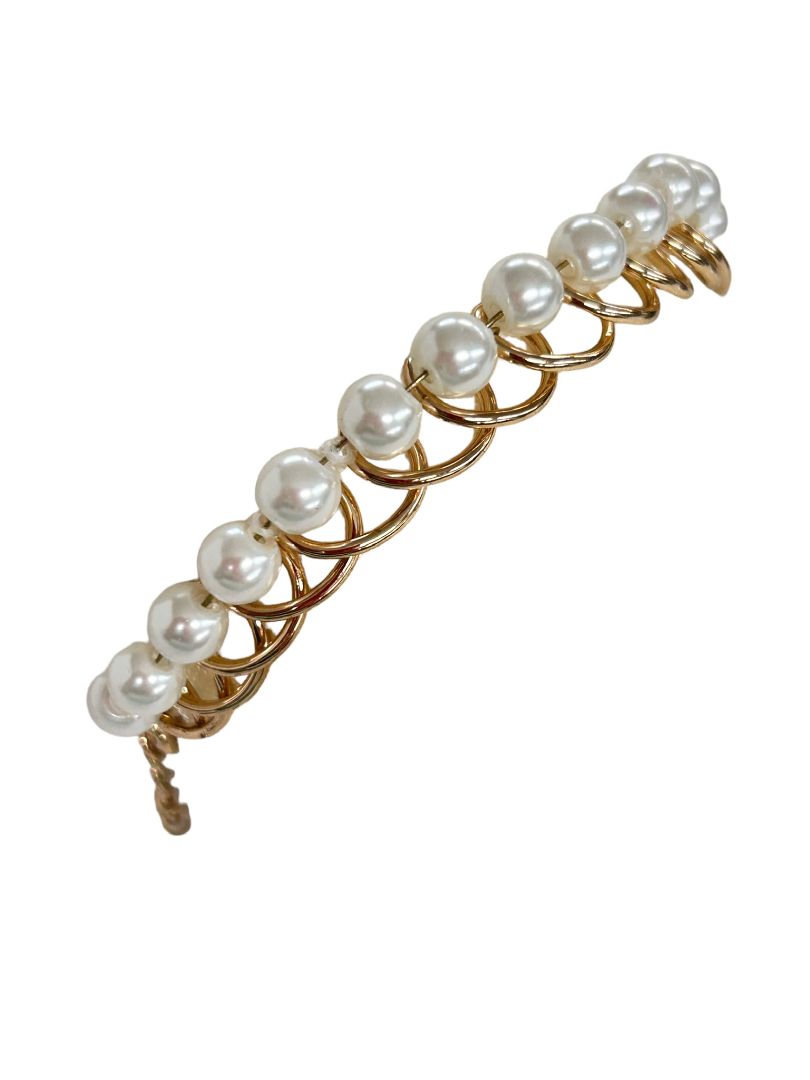 Faux Pearl Goldtone Bracelet Lobster Clasp Swirl Setting  6.5-7.5"