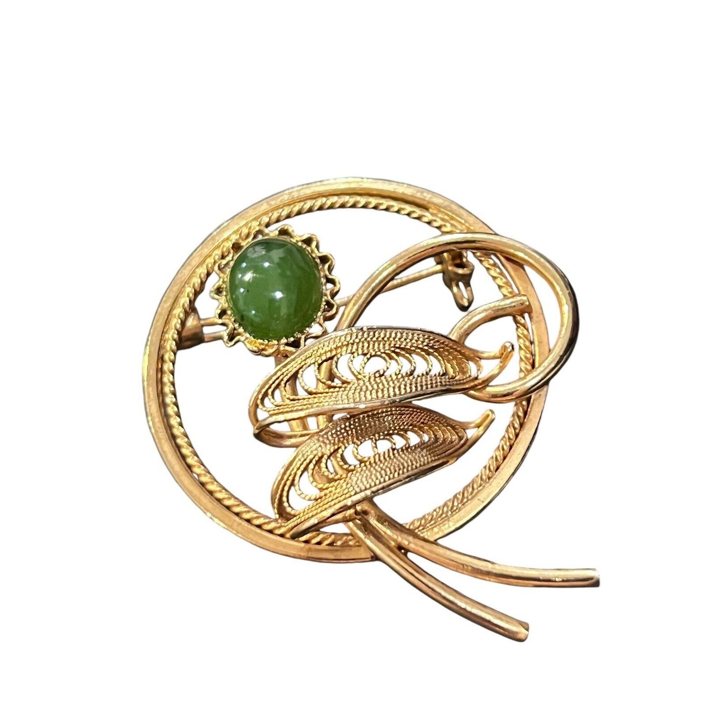 Vintage Nephrite Jade Cabochons Round Brooch Pin Gold Tone Filigree Flower