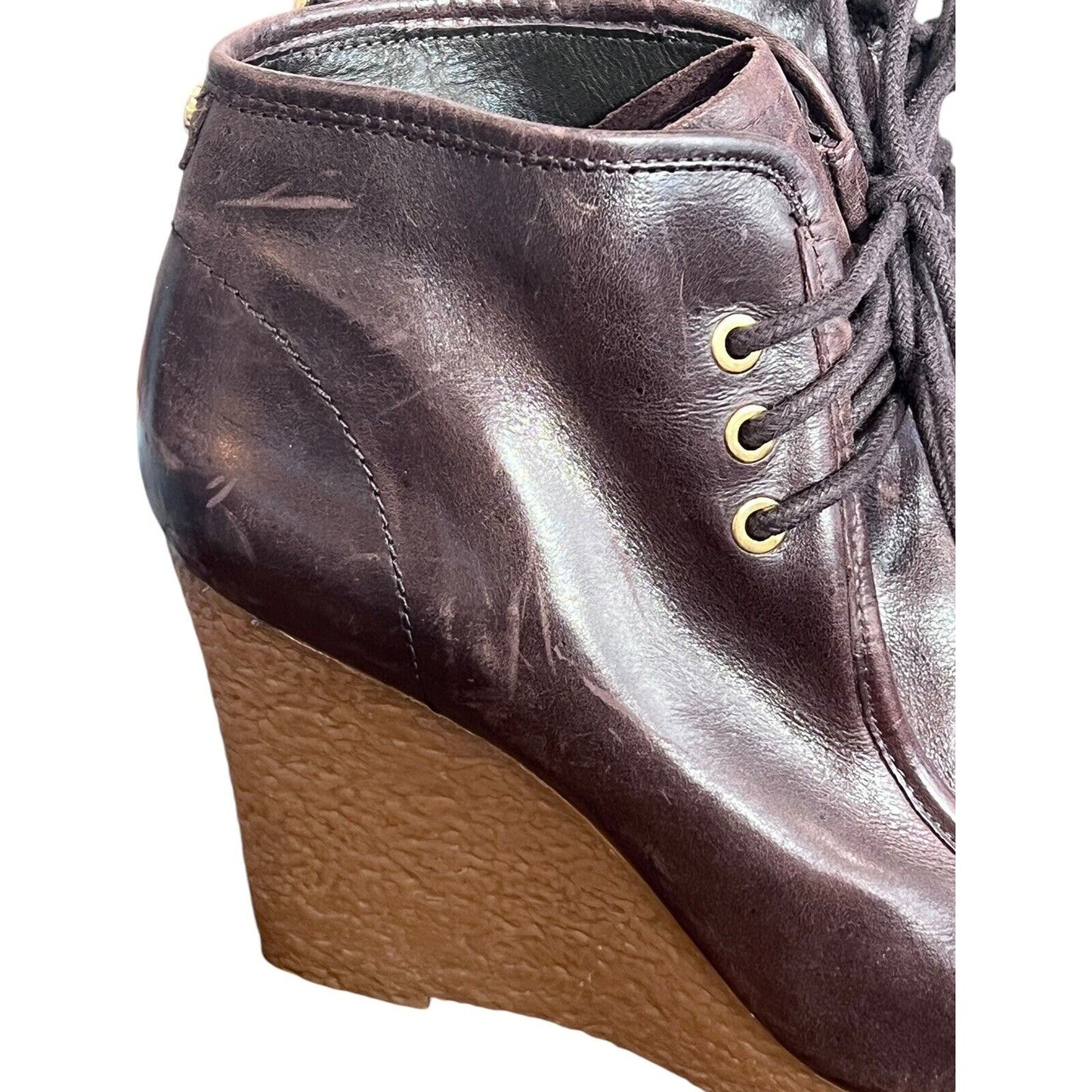 Size 7.5 Michael Kors Rory Wedge Booties Brown Leather Ankle Boots Lace Up