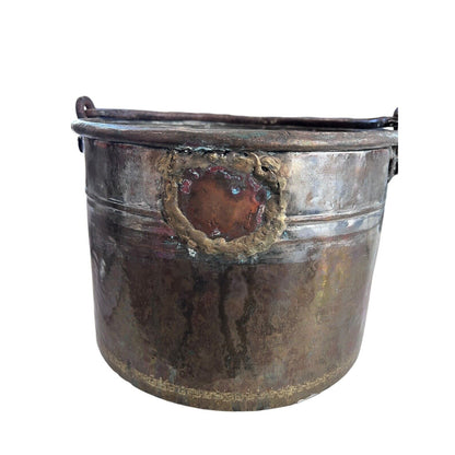 Primitive Copper Mixed Metal Hanging Pot Iron Handle Nice Gold Tone Design Trim