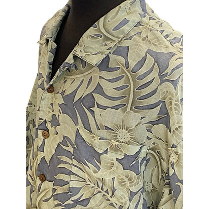XXL Tommy Bahama Blue Linen Floral Hawaiian Shirt Wood Buttons Cruise