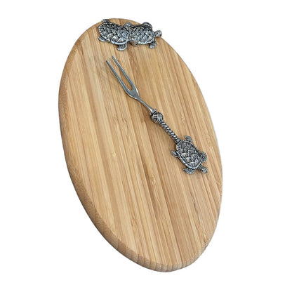 Mudpie Long Turtle Wood Board Set 10” X 6.5” with Small Fork