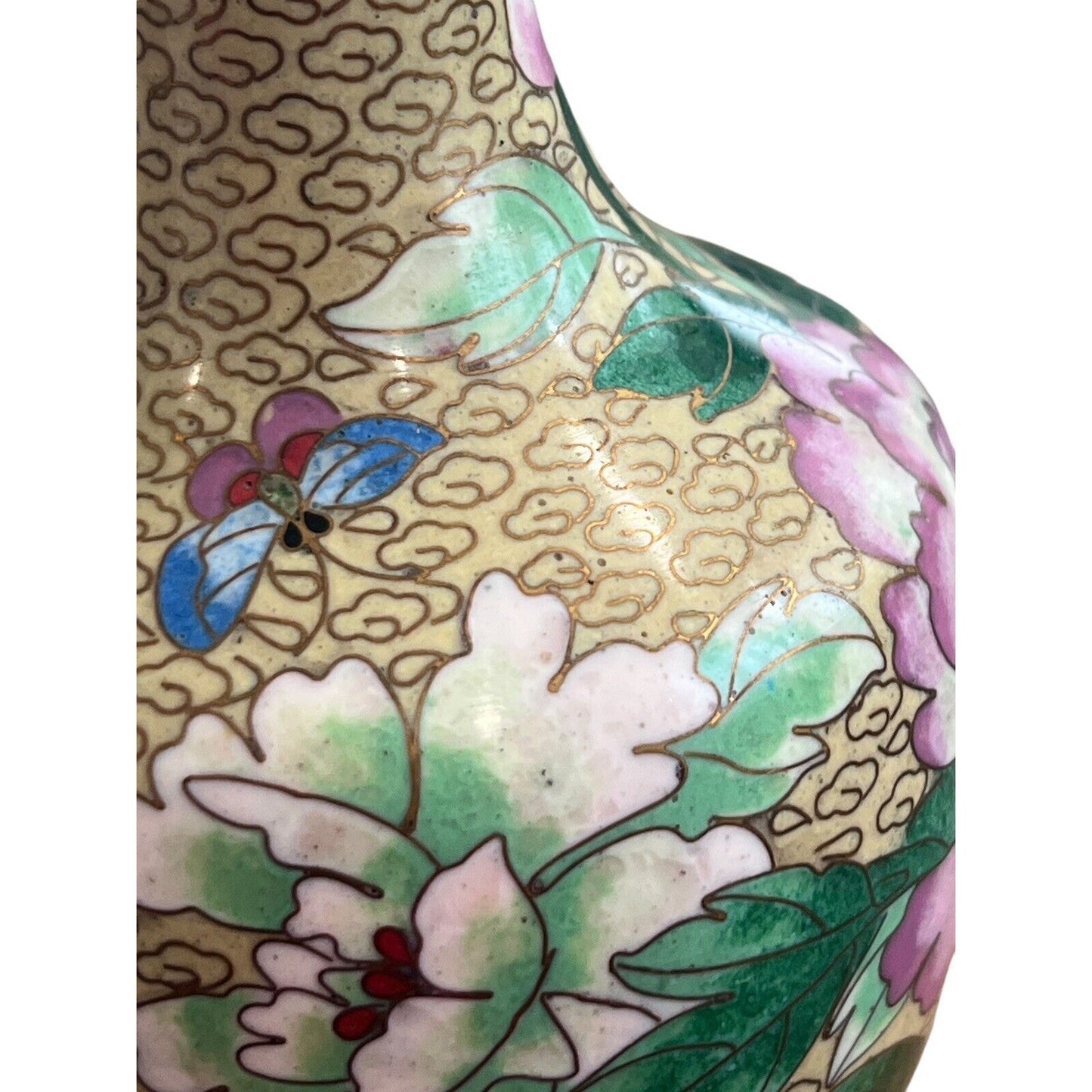 Vintage Chinese Cloisonné Butterfly Flower Motif Brass Vase Grand Millennial