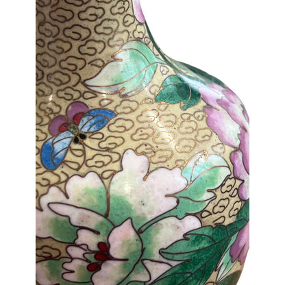 Vintage Chinese Cloisonné Butterfly Flower Motif Brass Vase Grand Millennial