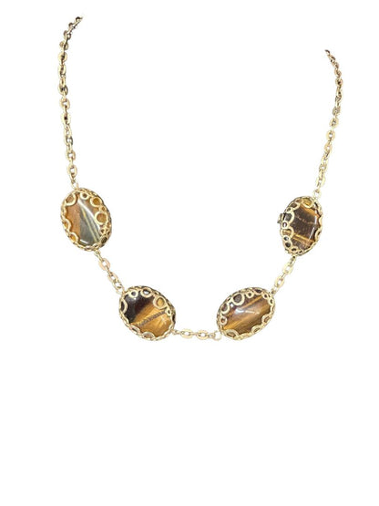 Tiger's Eye Cabochon Link Necklace Banana Republic Gold Tone Tiger Eye 19.5"-23"